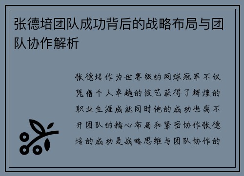 张德培团队成功背后的战略布局与团队协作解析 张德培团队成功背后的战略布局与团队协作解析