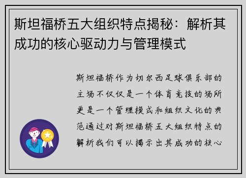 斯坦福桥五大组织特点揭秘：解析其成功的核心驱动力与管理模式